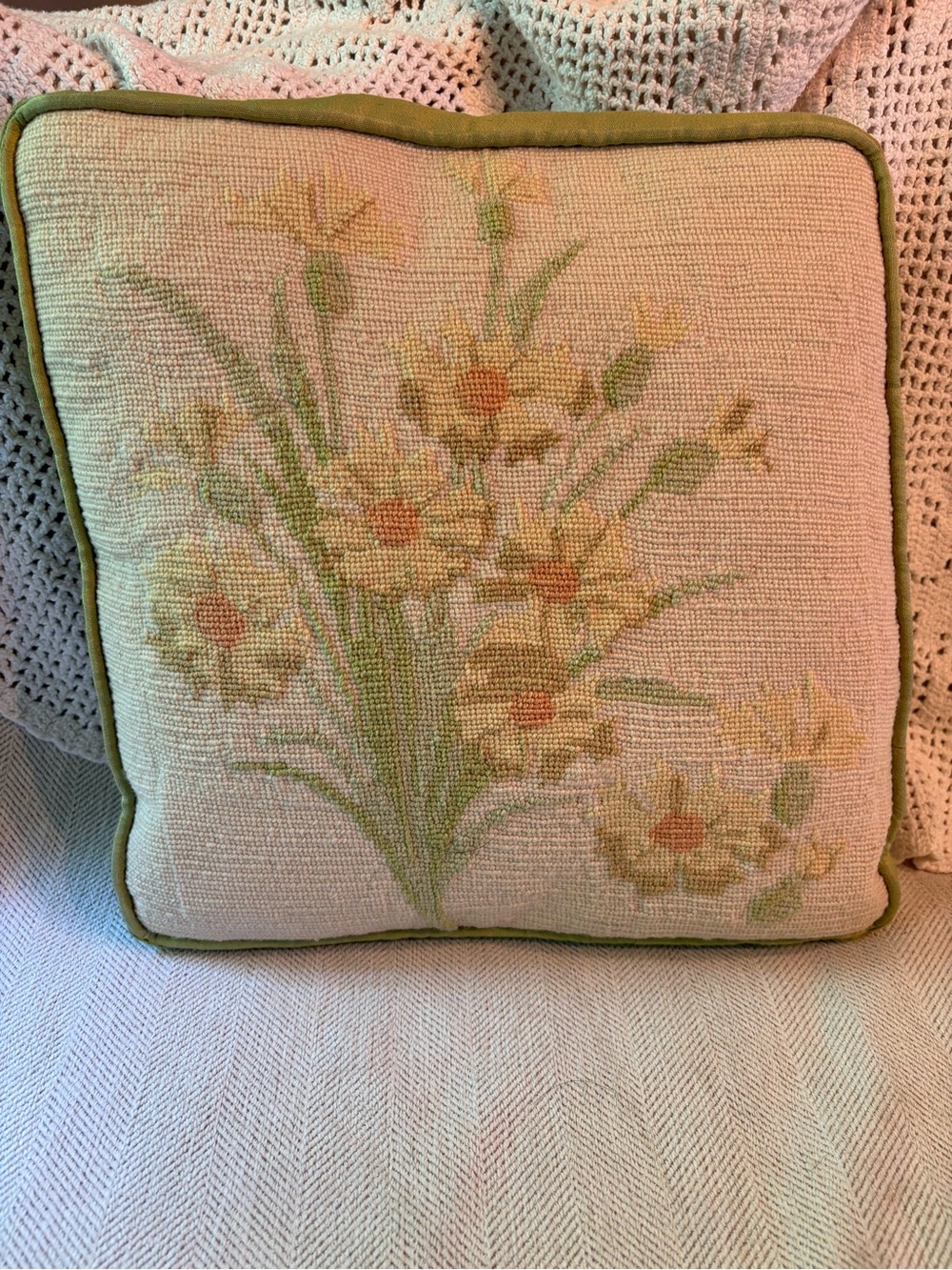 Vintage Floral Needlepoint Accent Pillow in Cream and Green MCM